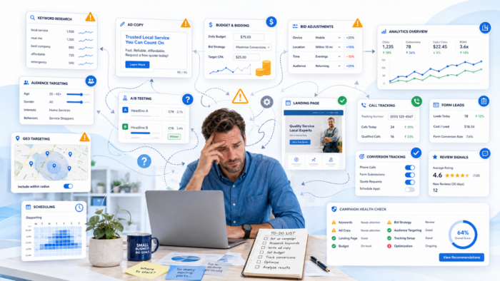 Small business owner overwhelmed by the complexity of managing paid advertising campaigns